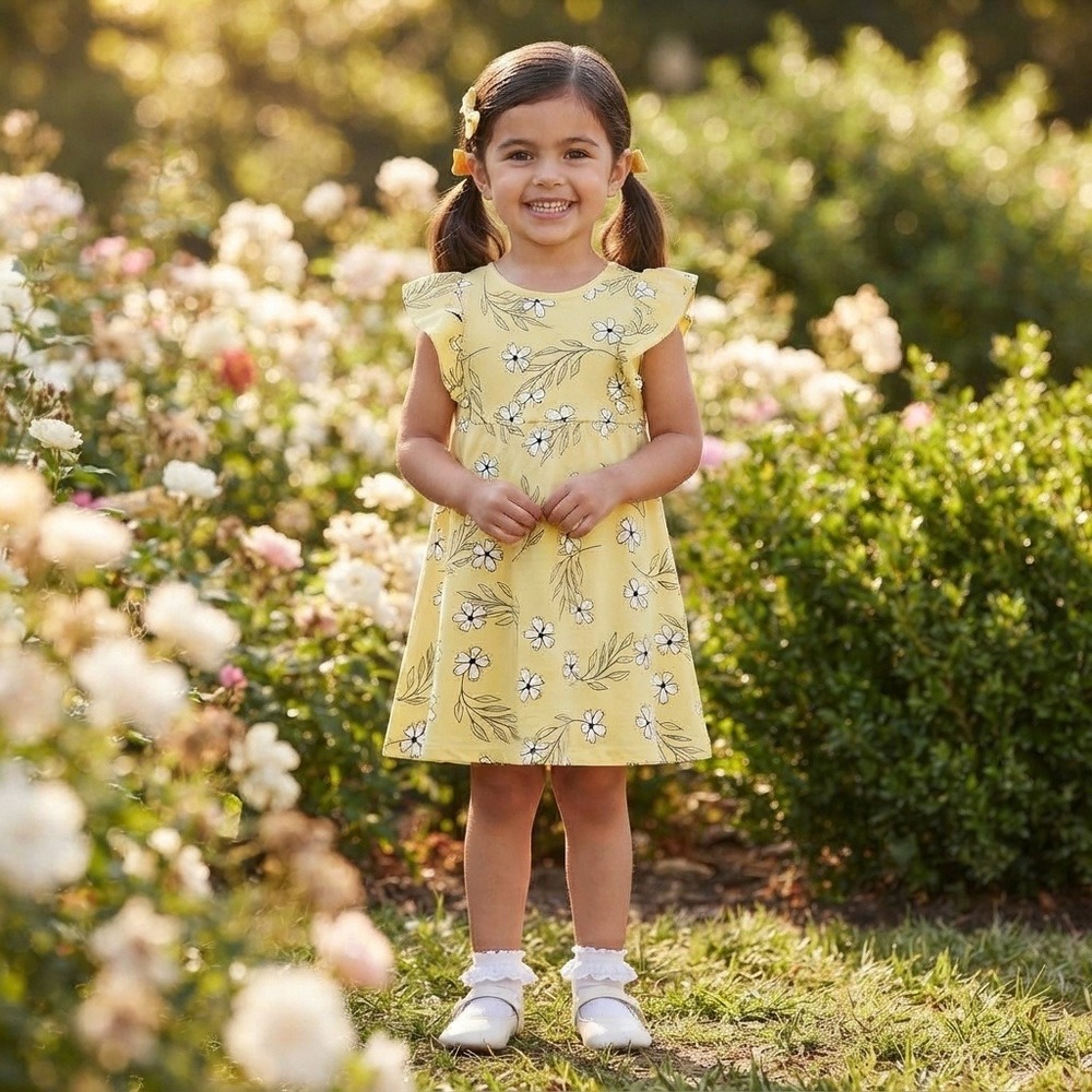 Tiny Tribe Floral Flutter Sleeve Dress Kids Size 4 Yellow Good Condition Boho